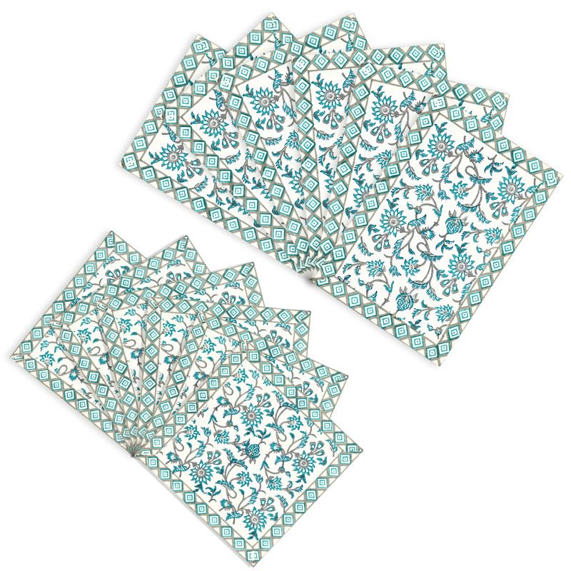 Image of BLOCKS OF INDIA Hand Block Printed Cotton Table Runner, Mat and Napkin Set for Center /Dining Table (Turq JAAL), 13 Pc Set