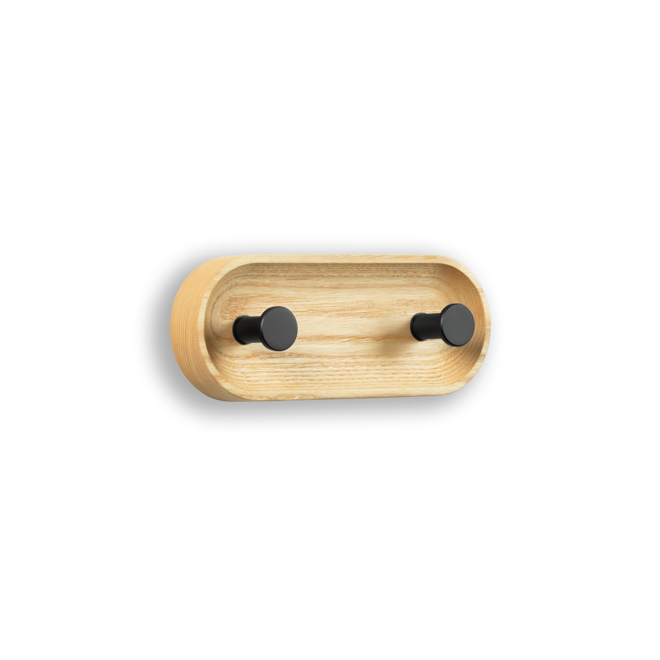 EVI Herrajes | 2-Hook Wall Coat Rack | Solid Ash Wood | Black Lacquered Stainless Steel Hooks | Mounting Kit Included | Mod. Cova 2CFRNG