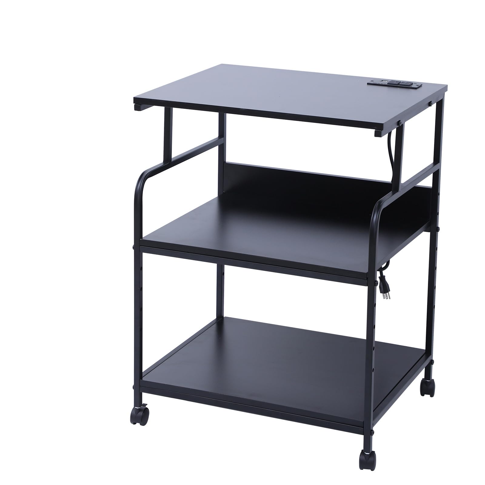 WGOS Printer Stand, Mobile Printer Cart, 3-Tier Printer Storage Rack with Charging Station and Roller for Office, Home (Black)