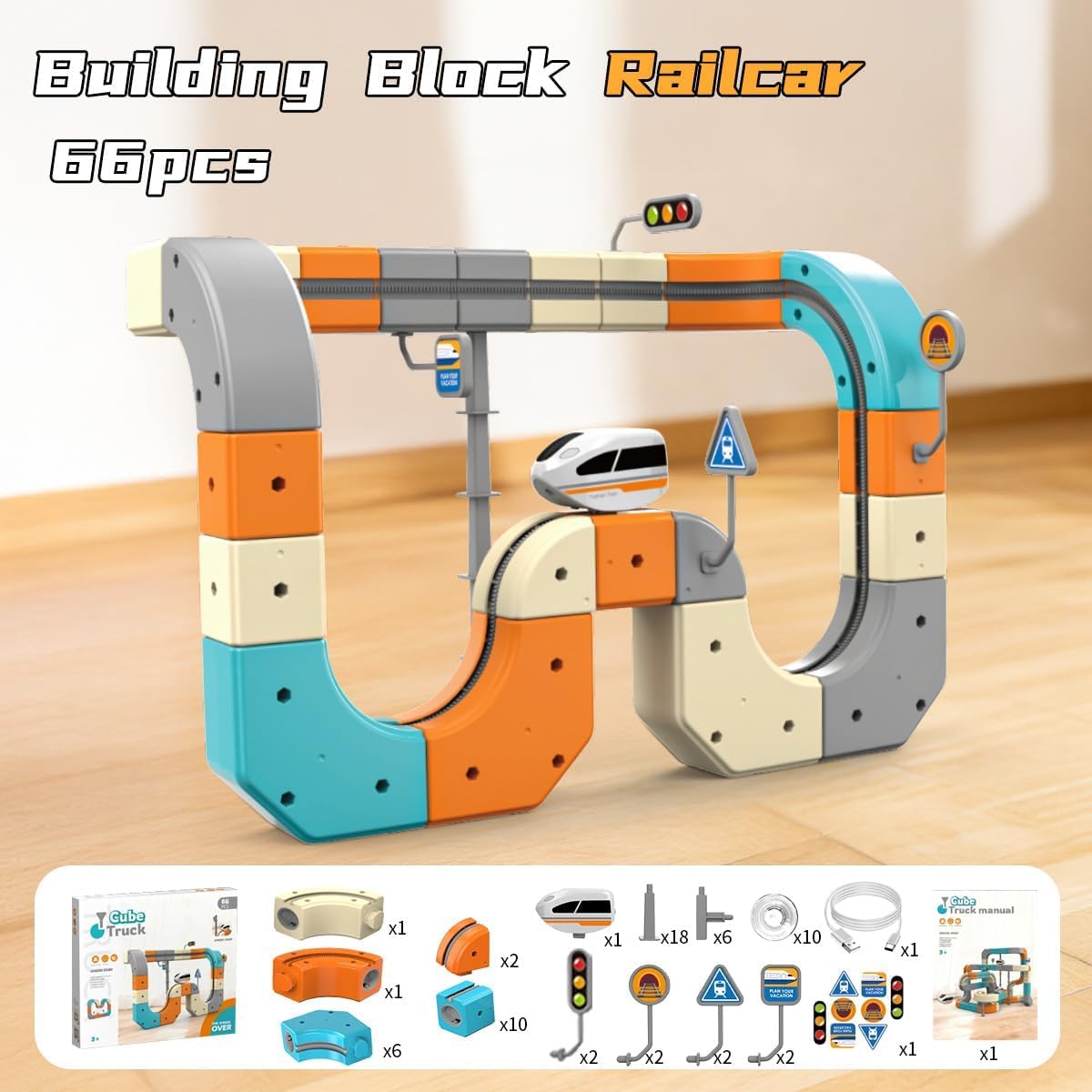 Clickrail Electric Train Set Flexible Race Track – Cube Track Block Tren con diseños 3D que desafían la gravedad, bloques de raíl de engranajes y tren motorizado, juguetes de regalo para niños 66/83