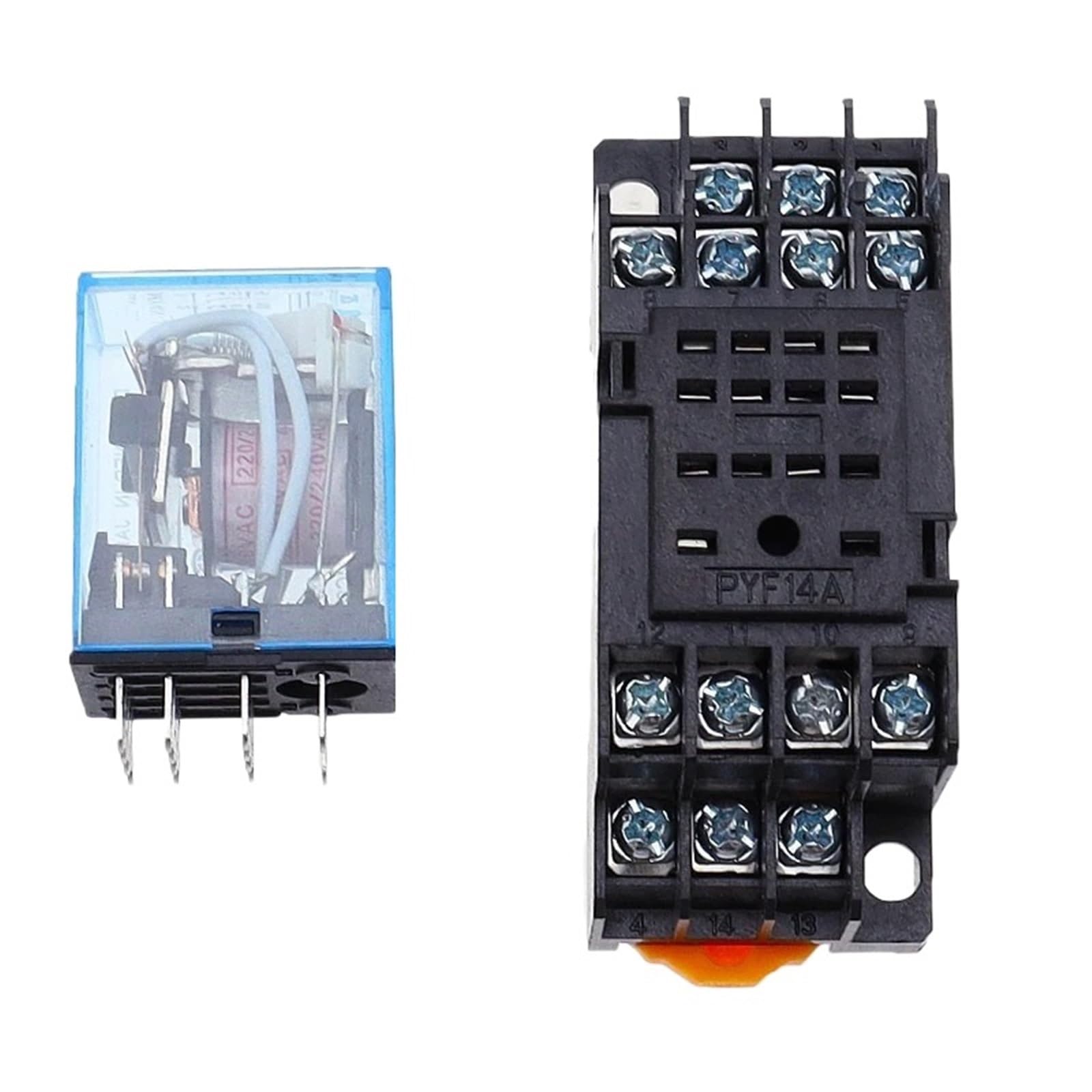 Juego de 10 relés de potencia con indicador LED, CC, 12 V, CA, 12 V, CC, 24 V, CA, 24 V, bobina de 5 A, 4 NO, 4 NC, riel DIN, relé de tiempo de 14 pines con base de zócalo(AC,380V)