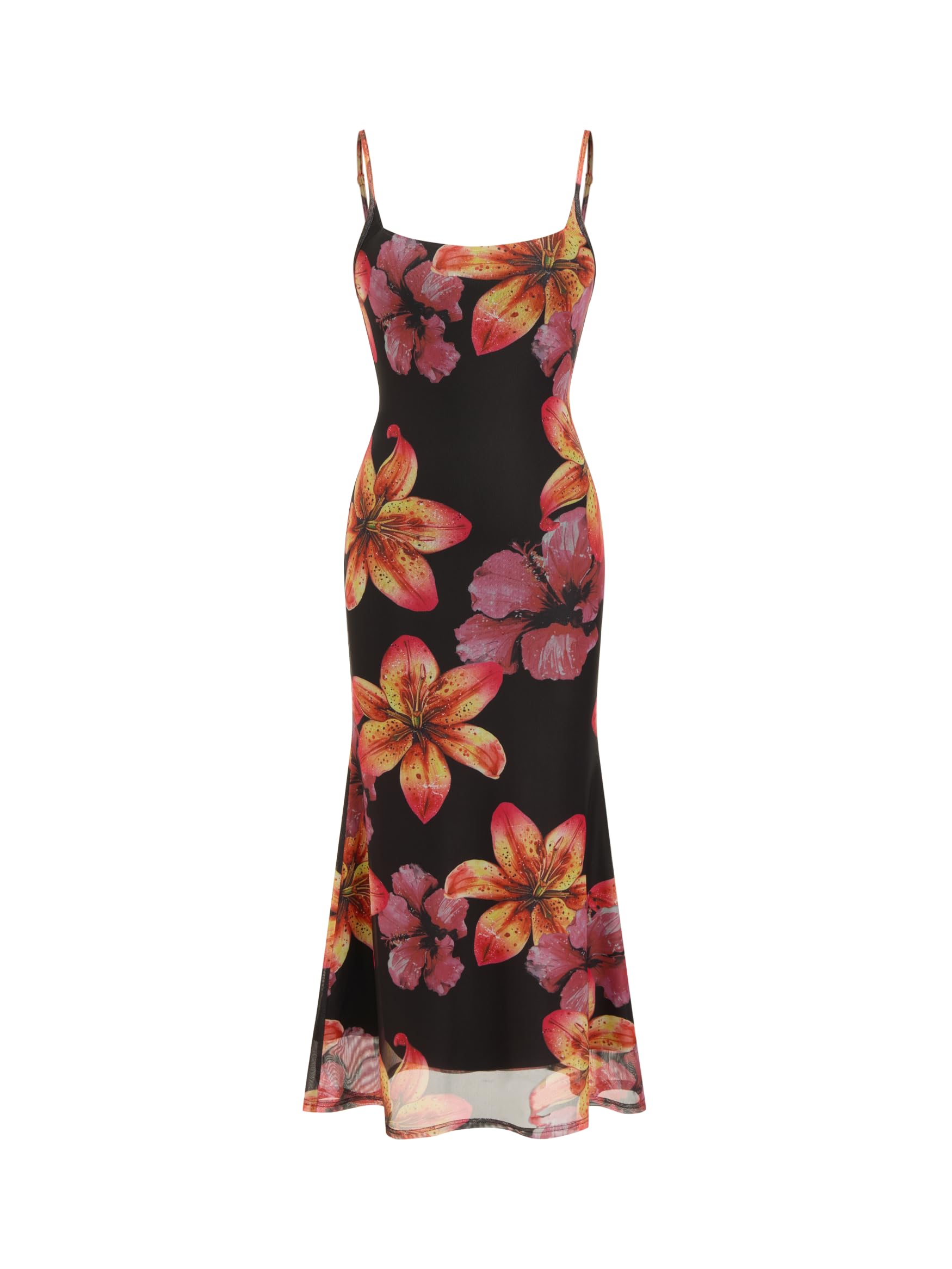 CIDER Maxikleid für Damen, Sommer, Blumenmuster, Spaghettiträger, Stretch, figurbetont, Netzstoff, Strand, Urlaub, Date, Nacht, langes Kleid