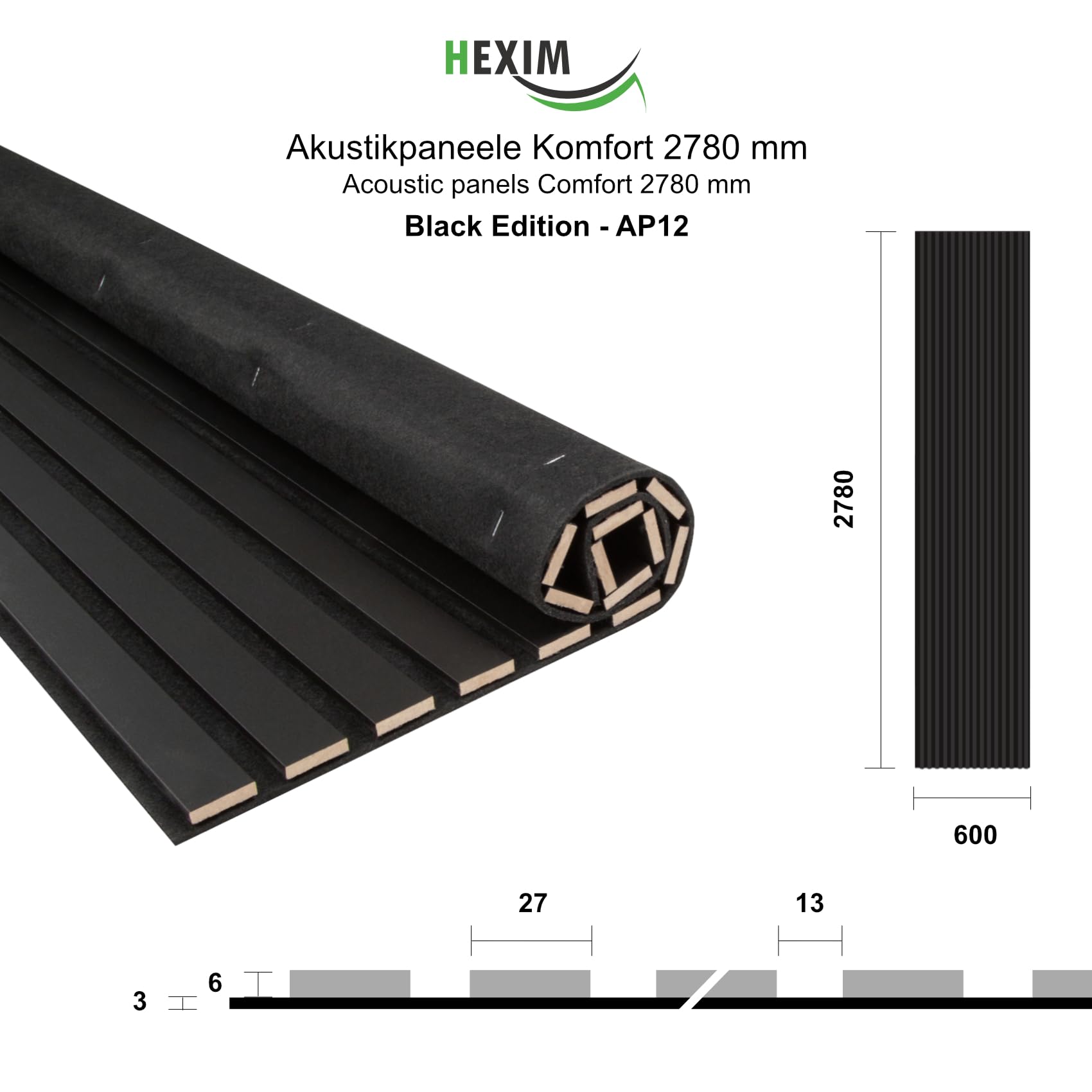 HEXIM Akustikpaneele 2 Stück 278x60cm Holz Comfort - flexible Holzpaneele Platten Lamellenwand flexibel MDF Wandpaneele TV Wandverkleidung Holzwand Deko schwarz (3.34m² Black Edition)