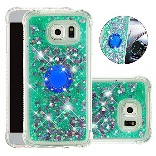 FAWUMAN Liquid Sparkly Quicksand TPU Gel Silicone Shockproof Phone Cover[Diamond Ring] Cases for Samsung Galaxy S6 (Green love)