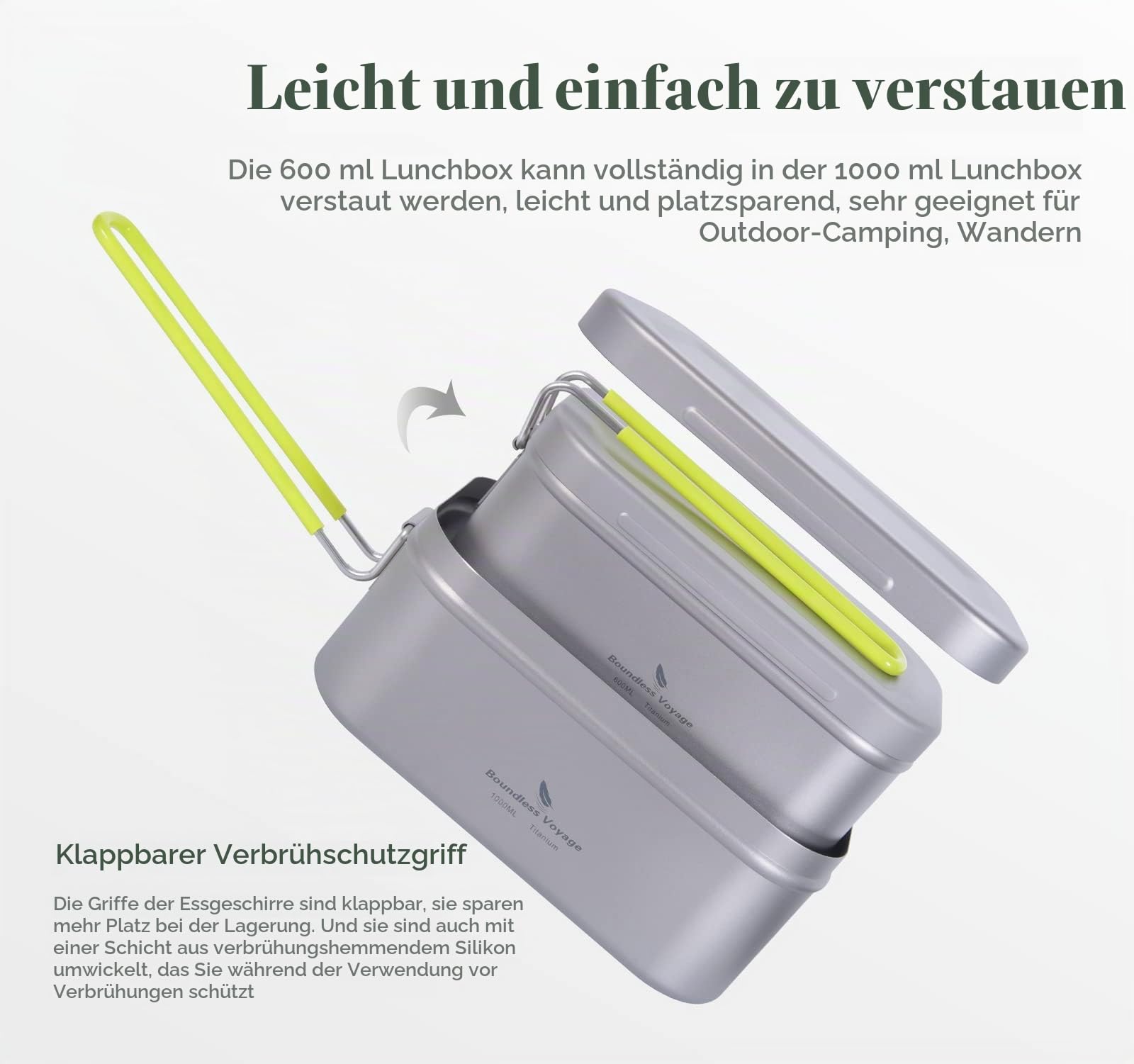 iBasingo 600ml Titan Mess Tin Outdoor Lunch Boxen Camping Pfanne Quadratische Messdose Schüssel Single Layer Bento Tragbares Leichtes Geschirr mit Erbrühungsschutzgriff Mini Dämpfgestell Ti2081C