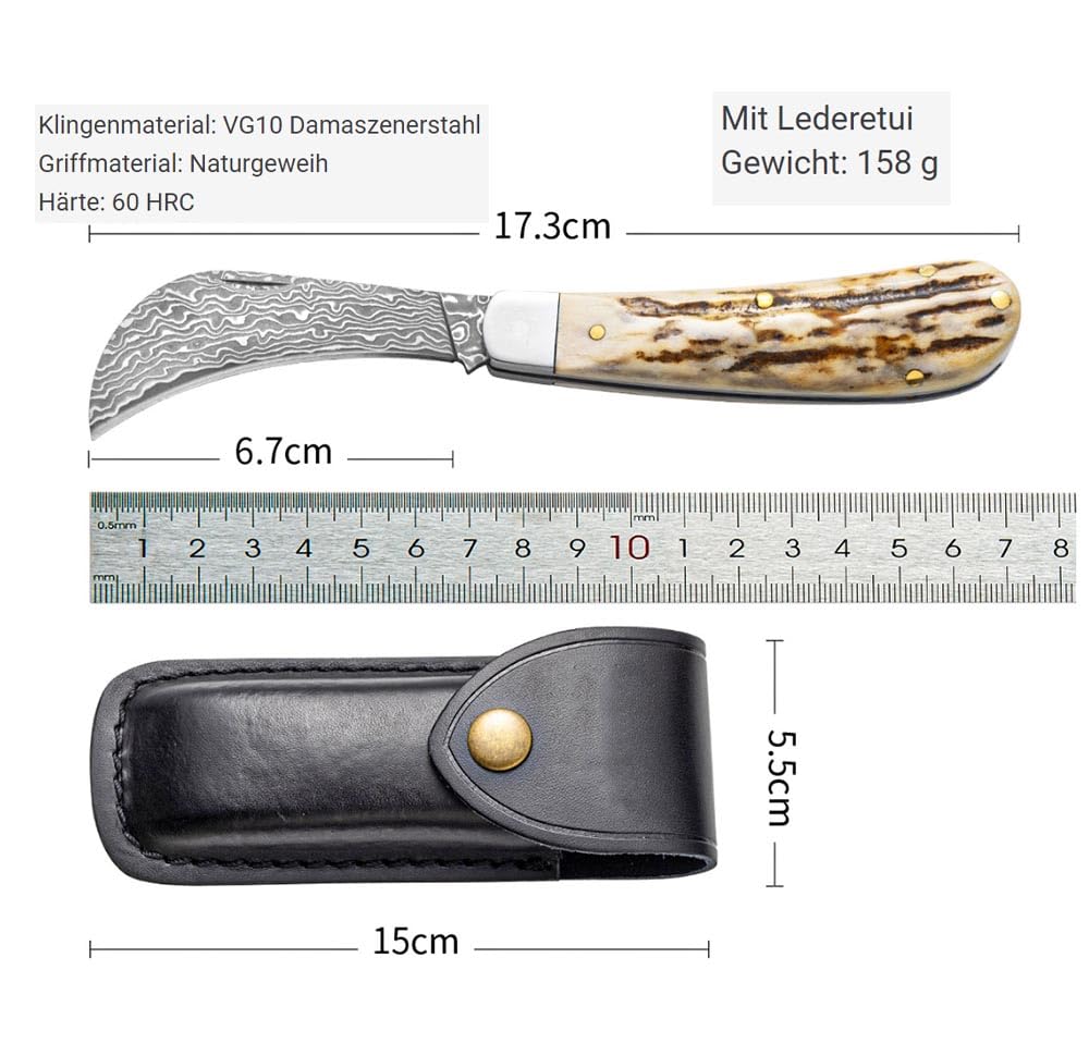 Klappmesser Edc Klein Taschenmesser damast Outdoor aus Natur geweih Neck knife geschmiedet Damaszener Stahl messer Survival Camping Jagdmesser Einhandmesser Scharfe, Damaskus faltmesser, Leder Holster