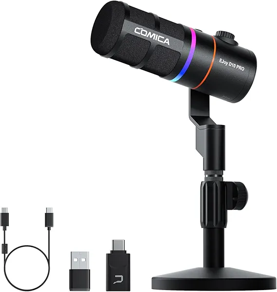 EJoy D10 PRO(D) Wireless USB Gaming Microphone – RGB Dynamic Mic with Wired/Wireless Modes, XLR/USB-C, Real-Time Monitoring, 45H Battery, Studio Mic for Gaming, Streaming, Podcast, Recording (Black)