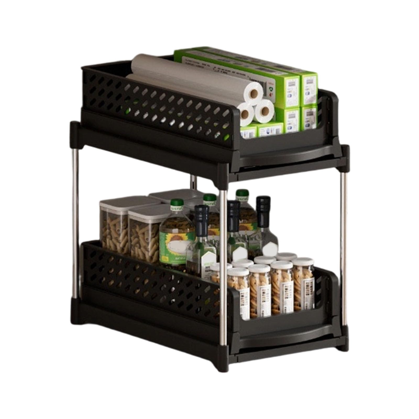 PQSIBBG 2 Levels Drawer Kitchen Organizer for Cabinet Narrow Space Shelf Rack with Grids Bottom for Sliding Drawer Organizer Stackable Shelf