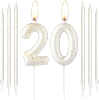 20th Birthday Number Candles - White Gold Party Candles for Wedding, Birthday, Bridal & Baby Showers