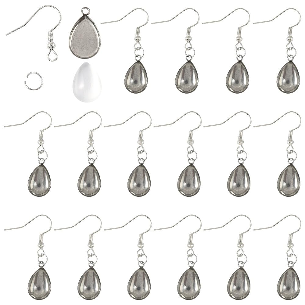 Cheriswelry 1Set Blank Teardrop Glass Cabochons Dangle Earring Making Kit Jewellery Supplies with Jump Rings Pendant Trays for DIY Earring Hooks Jewelry Making Stainless Steel