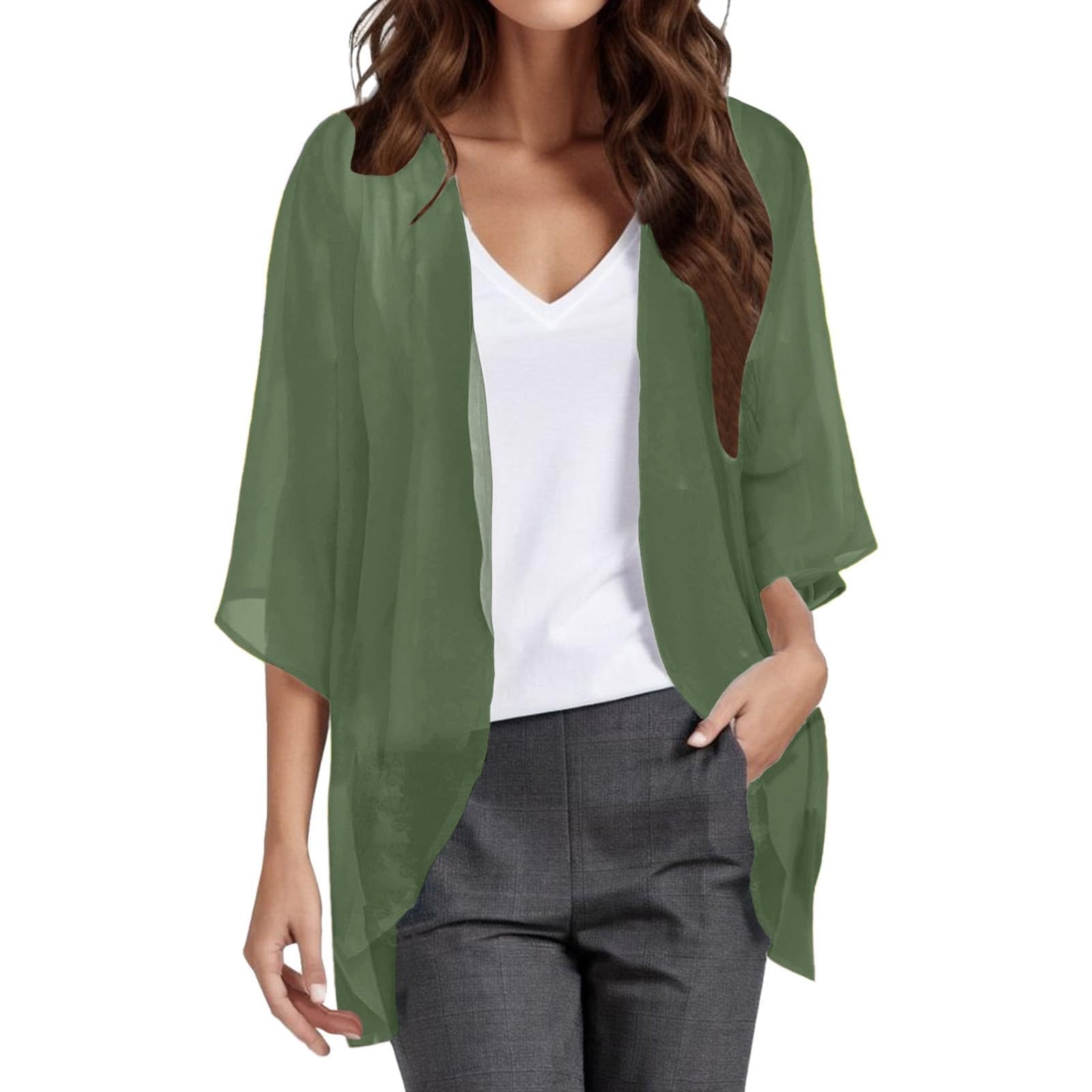 Short Sleeve Cardigans for Women Lightweight Summer Casual Blouses Loose Fit Coat Solid Elegant Puff Sleeve Tops D-Green