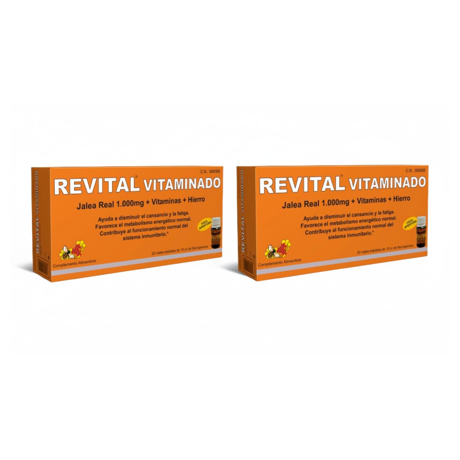 Revital Vitaminado 20 Viales - Pack de 2 Unidades - Contribuye al Funcionamiento Normal del Sistema Inmunitario - Fórmula con 1.000 mg de Jalea Real, Vitaminas y Hierro