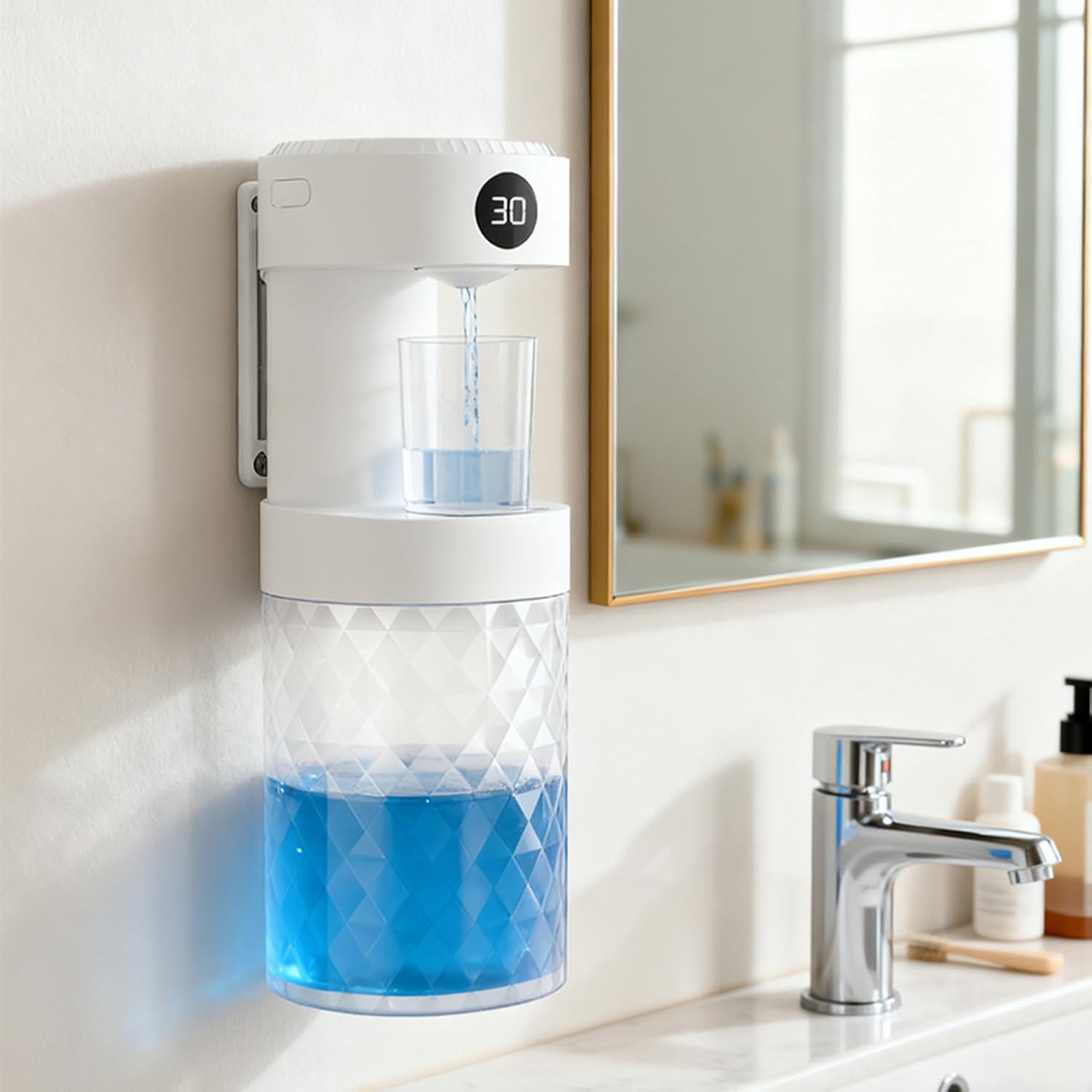 Automatic Mouthwash Dispenser for Bathroom, IPX6 Waterproof 20.29 oz Touchless Electric Mouth Wash Dispensers Bathroom Accessories with 2 Magnetic Cups, 4+1 Modes Wall Mounted Mouth Rinse Dispenser