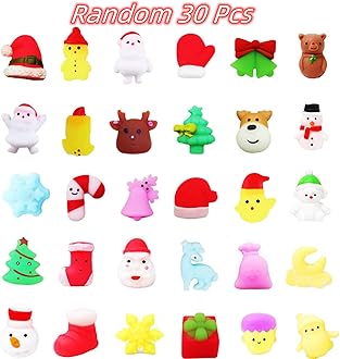 Christmas Mochi Squishy Toys for Kids, Girls, Boys - 30 Pack Moochies Squeeze Soft Fidget Toy, Mini Kawaii Moji for Xmas Party Favors, Treat Bags, Stocking Filler Gifts