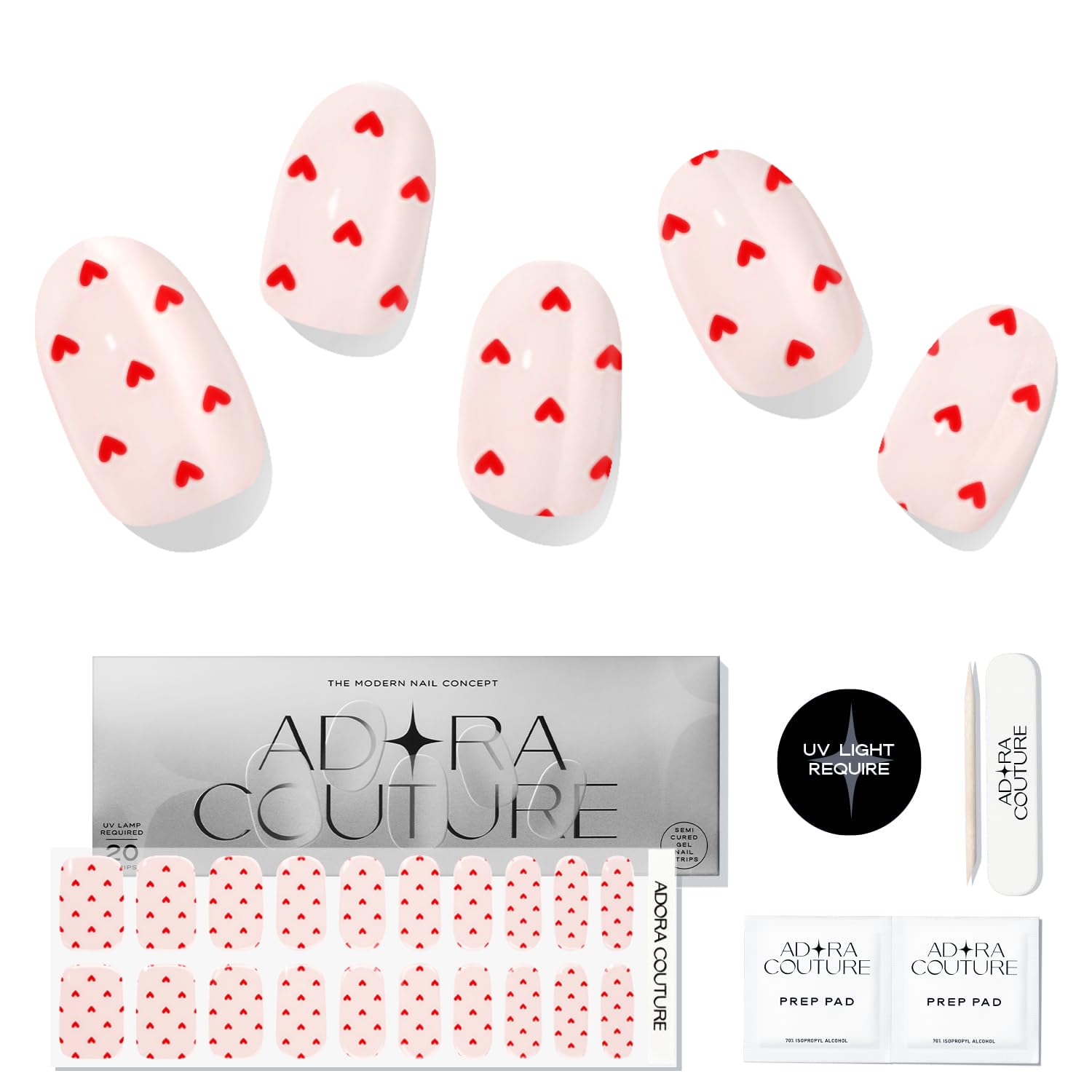 Adora Couture Semi Cured Gel Nail Strips with 20 Pieces - UV Gel Stickers, Manicure Kit, Easy Application Wraps Includes Prep Pads, Nail File, Wooden
