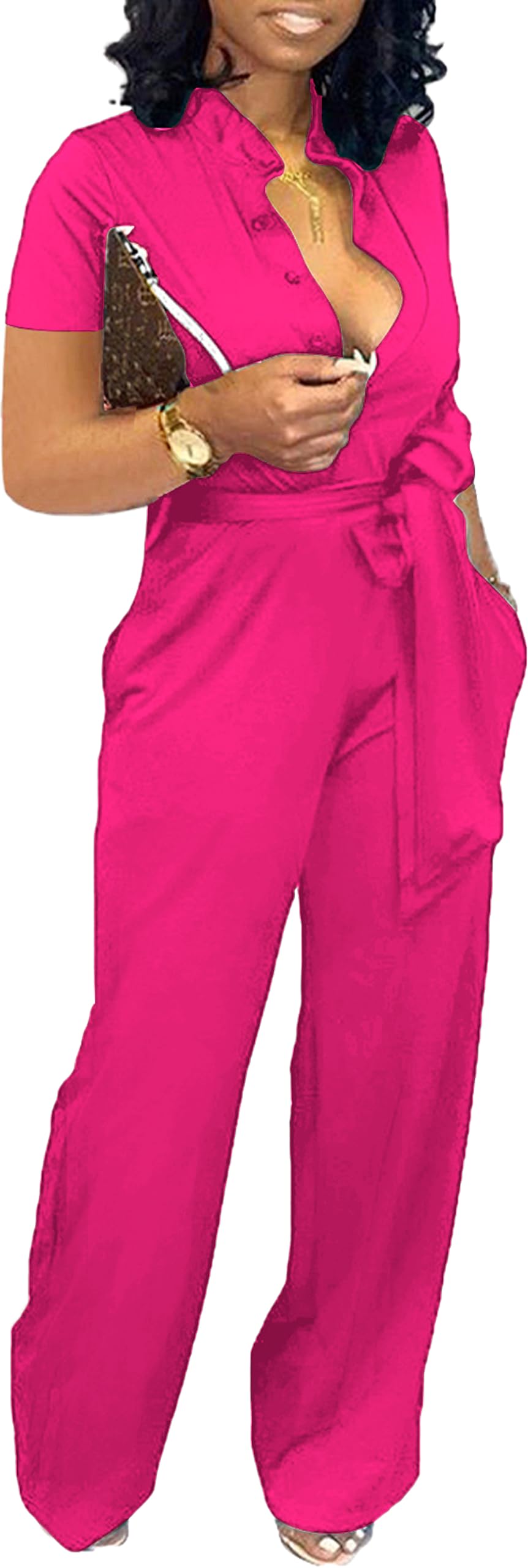 Yiershu Formal Jumpsuit for Women Dressy Elegant Long Straight Pants Jumpsuits for Party Club with Button Down