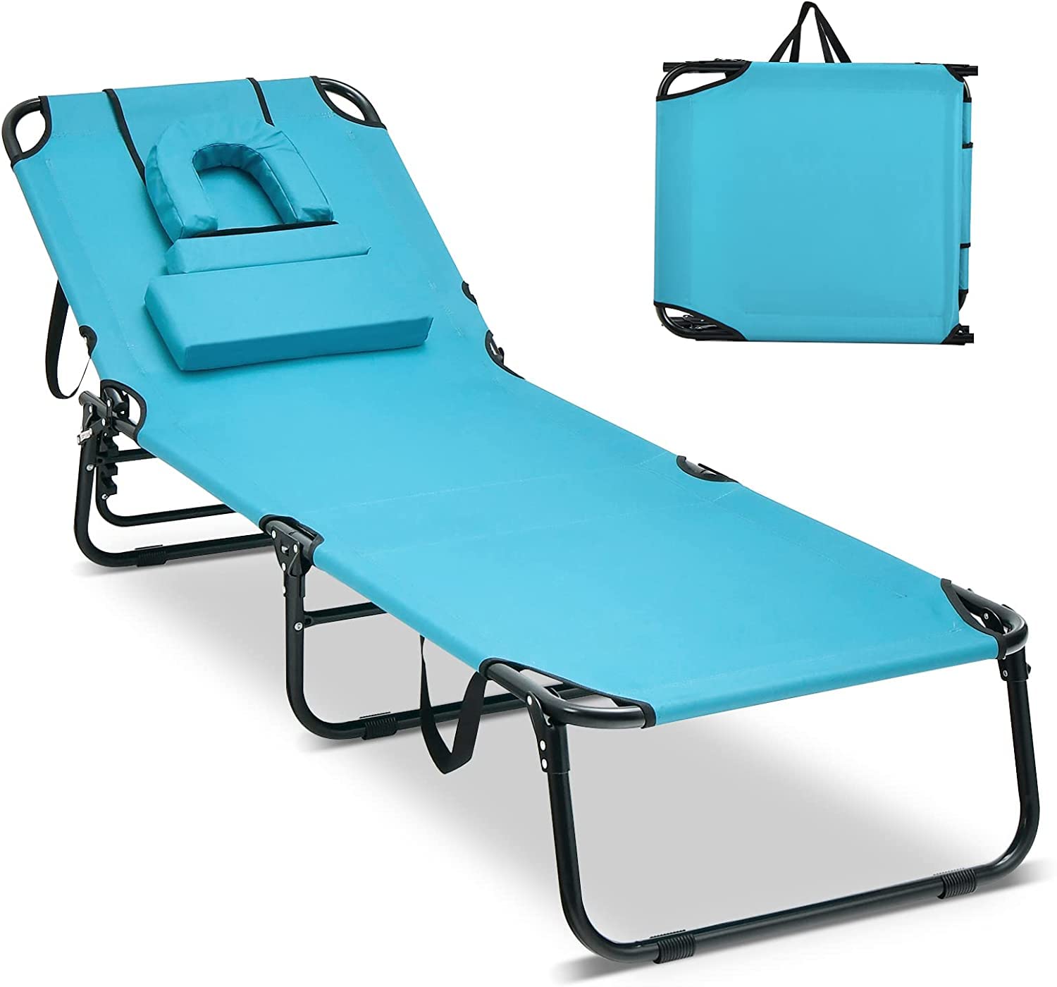 GIANTEX Chaise Longue Pliante pour Bronzage, Charge 160 kg, Dossier Réglable à 5 Positions, Repose-Pieds à 2 Positions, Bain de Soleil, Trou pour Visage, Transat Jardin pour Piscine, Plage, Bleu Lac