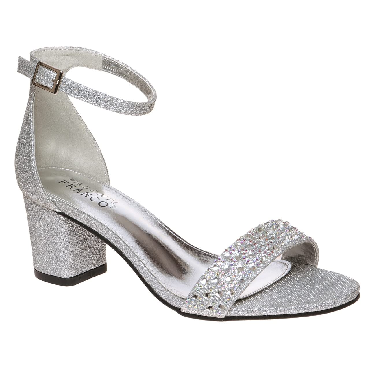 VALENTI FRANCOWomen's Rhinestone Open Toe Ankle Strap Low Block Chunky Heels Sandals