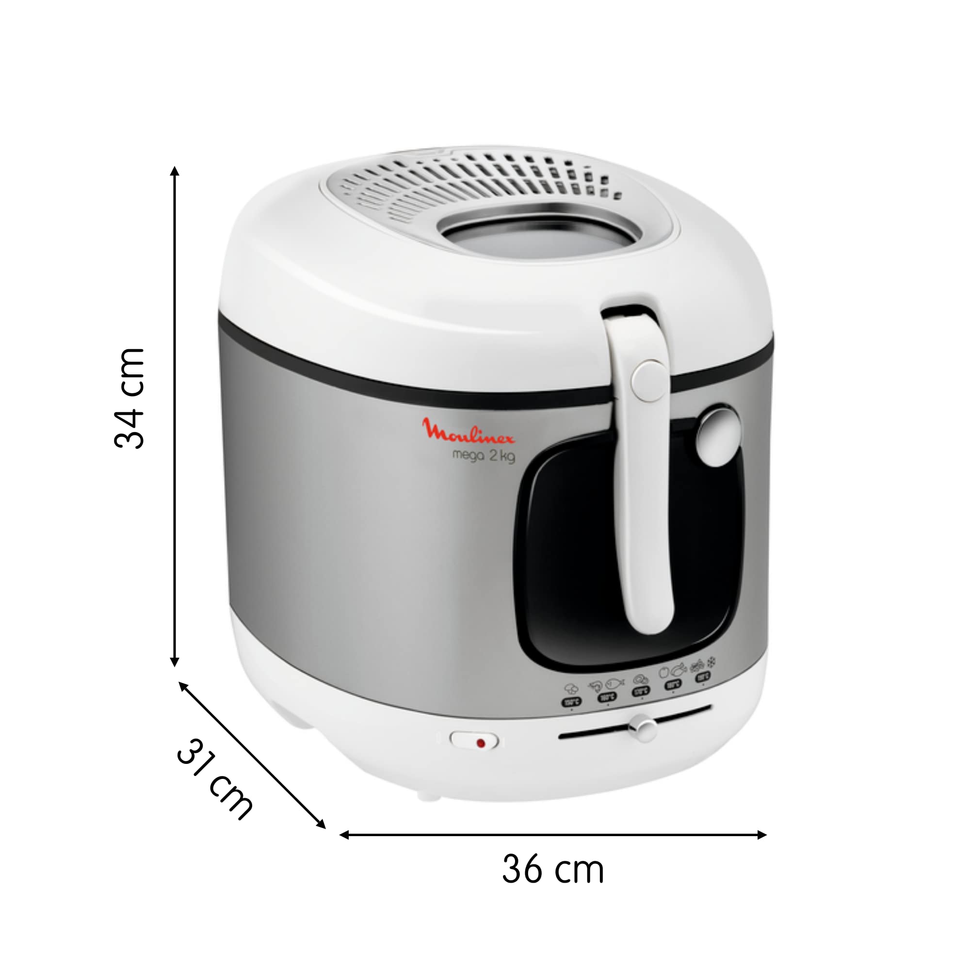 Moulinex Freidora de aceite eléctrica, depósito de 3 litros, revestimiento antiadherente, termostato, temporizador, luz indicadora, filtro de filtro patentado, filtro de carbón, Mega AM480070, blanco/plateado