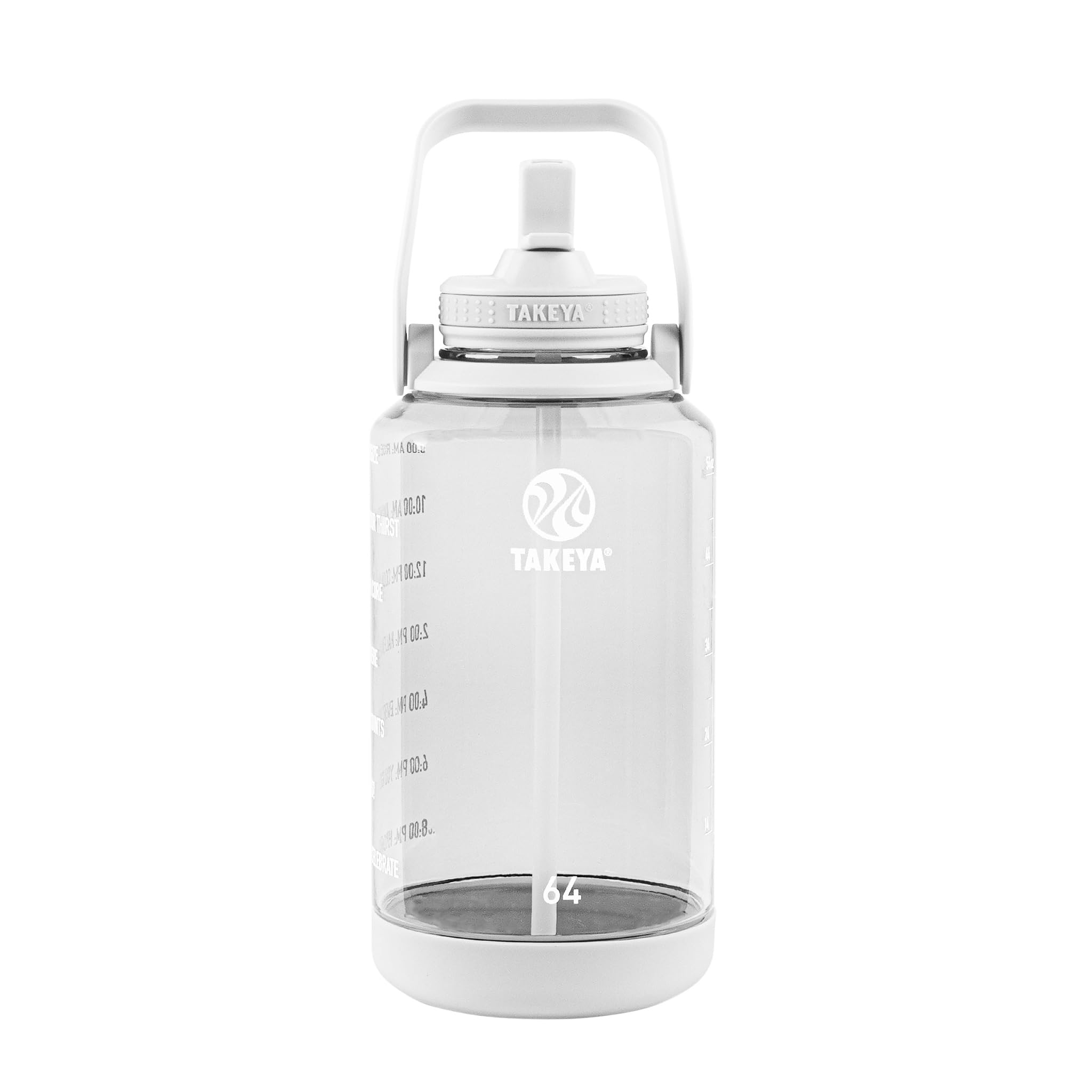 Takeya Tritan 64 oz Motivational Water Bottle with Straw Lid - Durable, BPA-Free - With Time Marker - Leakproof & Non-Slip Bumper - Cloud White
