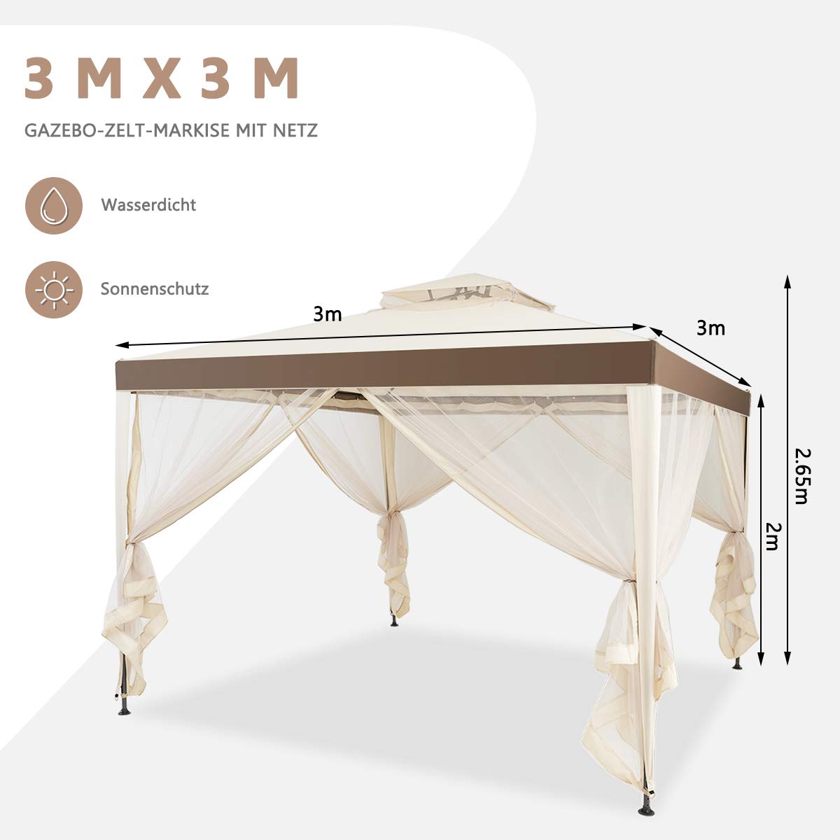 COSTWAY Pavillon 3x3m, Gartenpavillon mit Moskitonetz & Doppeldach, wasserdicht, stabil, Winterfest, Gartenzelt UV Schutz 50+, Partyzelt für Terrasse, Garten, Hinterhof (Beige)