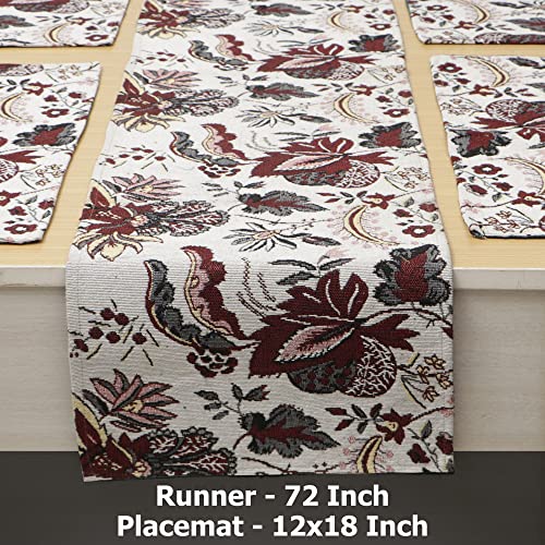 Image of HOKIPO Cotton Jacquard 6 Placemats with Runner for Dining Table 6 Seater (IN530-D4*6+IN532), Large, white spring flower