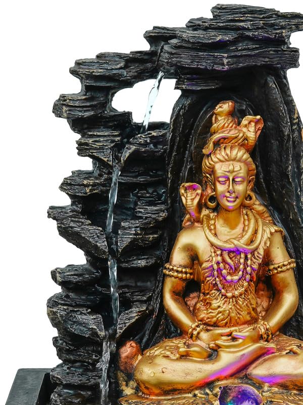 Image of Golden Brown Polyresin Tabletop Lord Shiv 4 Step Indoor Water Fountain for Home Decor with LED, Speed Control Pump (Size: 29 x 22 x 40 CM | Weight: 1780Gram)