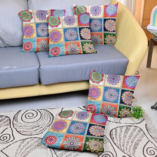 Image of Divine Casa Set of 5 Mandala Print Cushion Covers 16x16 Inches | Polyester Decorative Throw Pillow Covers with Lace Border | Multicolor Cushion Covers for Sofa, Couch & Bedroom | Multi Teal