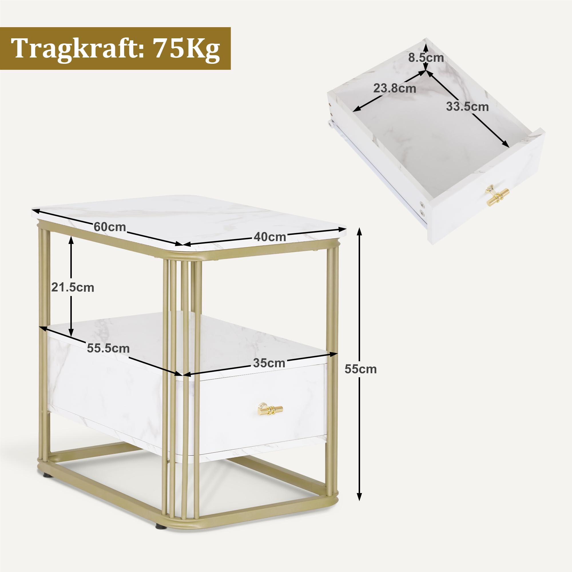 M MCombo 2138 - table d'appoint moderne avec tiroir - En marbre blanc et doré - Petite table basse en métal - Chevet avec 2 étagères