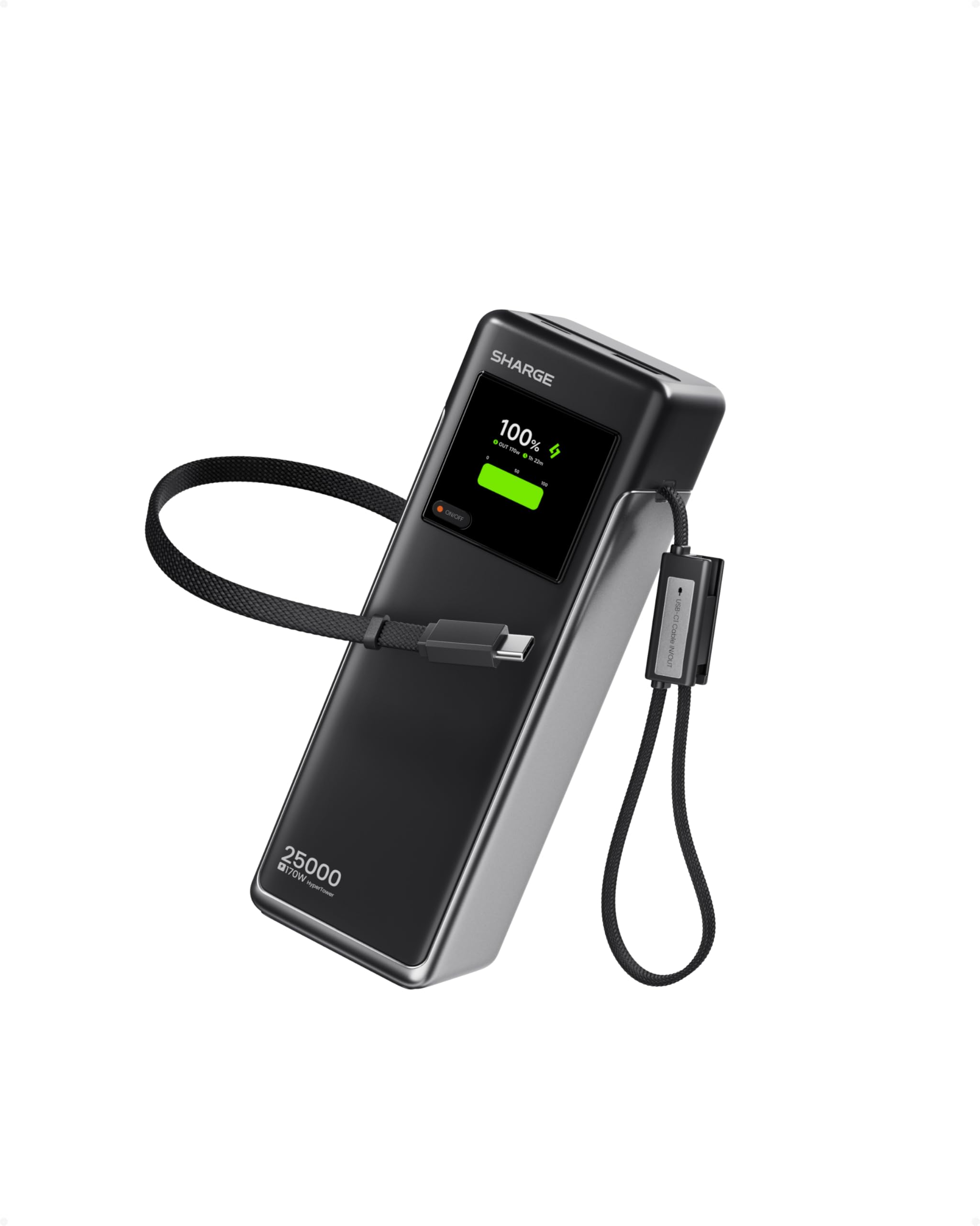 SHARGE Laptop Power Bank 25000mAh, HyperTower 170W Total Fast Charging Portable Charger, 100W USB-C Power Bank with Built-in Cables, High Capacity Travel Battery Pack for MacBook, iPhone17, Galaxy S26 - 1