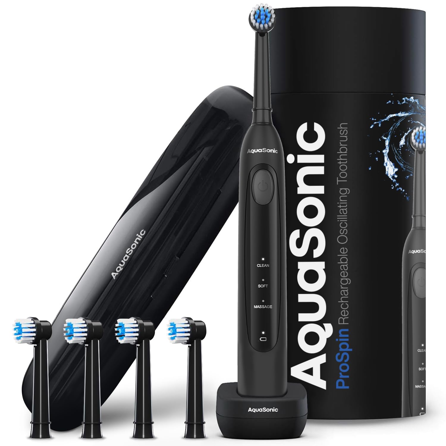 Photo 1 of Aquasonic ProSpin Rechargeable Oscillating Toothbrush with 4 Brush Heads & Travel Case - 3 Modes for Teeth & Gums, Smart Timers & Wireless Charging