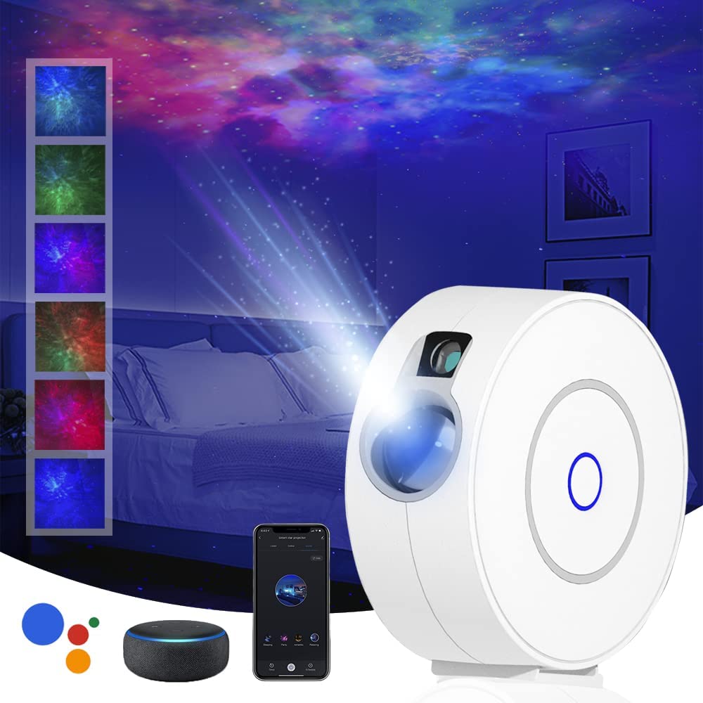 Sternenprojektor Lampe mit 3D Galaxy und Sprachsteuerung | Timerfunktion für automatische Abschaltung; Kompatibel mit Alexa und Google Assistant; Nachtlichtfunktion ideal für Kinder