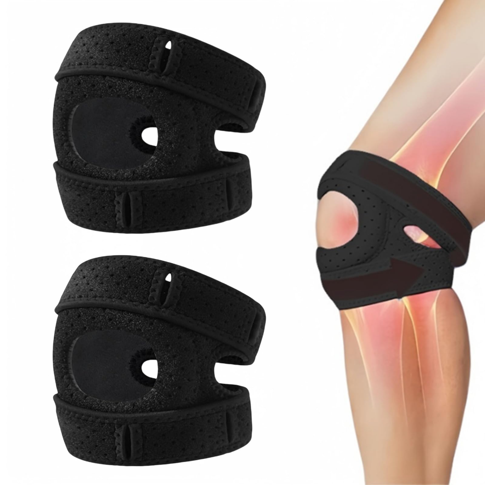 EcoPatch Genouillère anti-douleur，de Soutien Ajustable Attelle de Genou Respirante et Confortable pour Sport Course Tennis et Usage Quotidien (Noir, 2pcs)