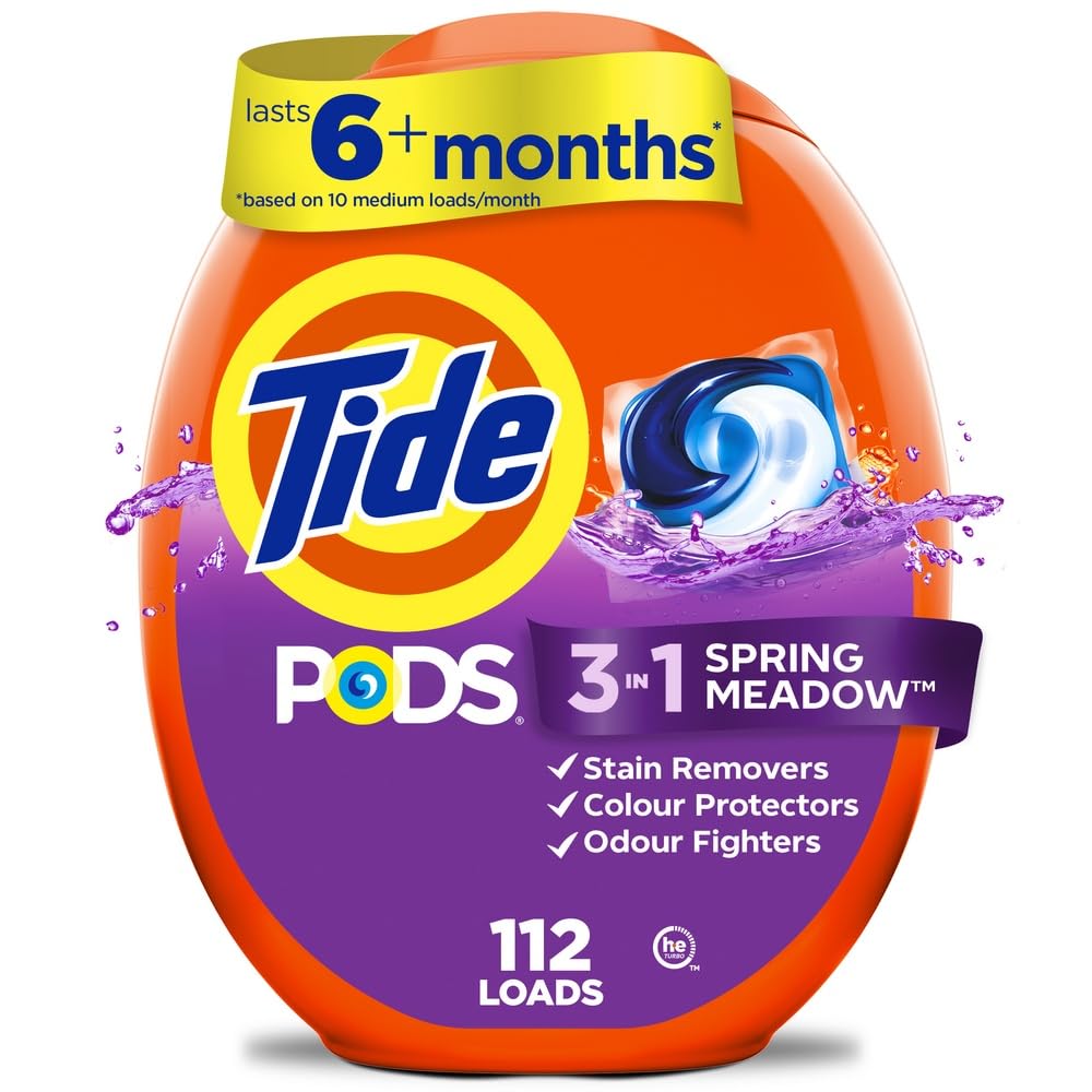 Tide PODS laundry detergent pacs, 3-in-1 Stain Remover, Odor Fighter, Color Protector, 112 Count, HE compatible, Spring Meadow Scent
