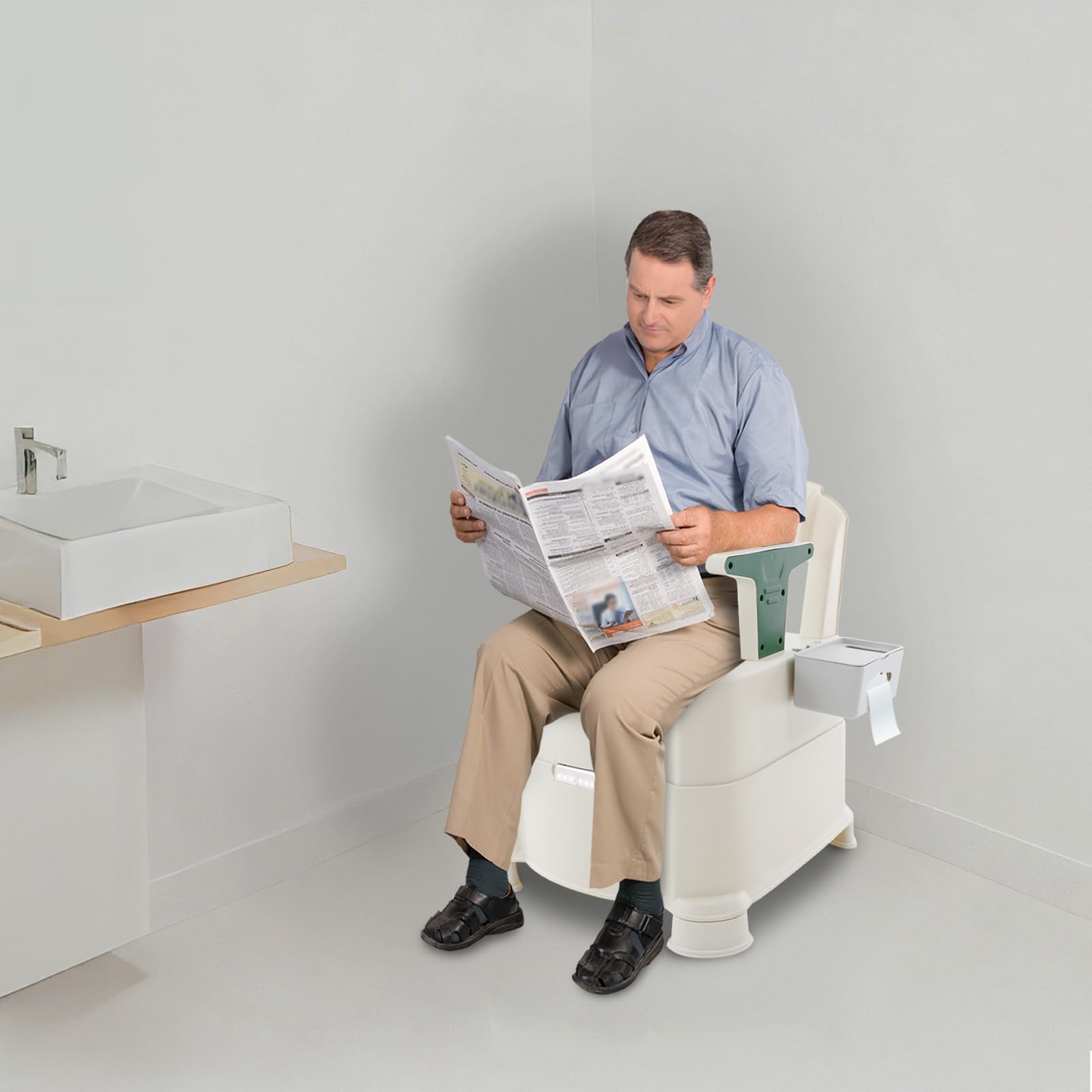 WC da campeggio portatile, con schienale e braccioli, WC portatile da viaggio con luce a sensore, secchio rimovibile, capacità di carico 100 kg, per campeggio, viaggi, camper