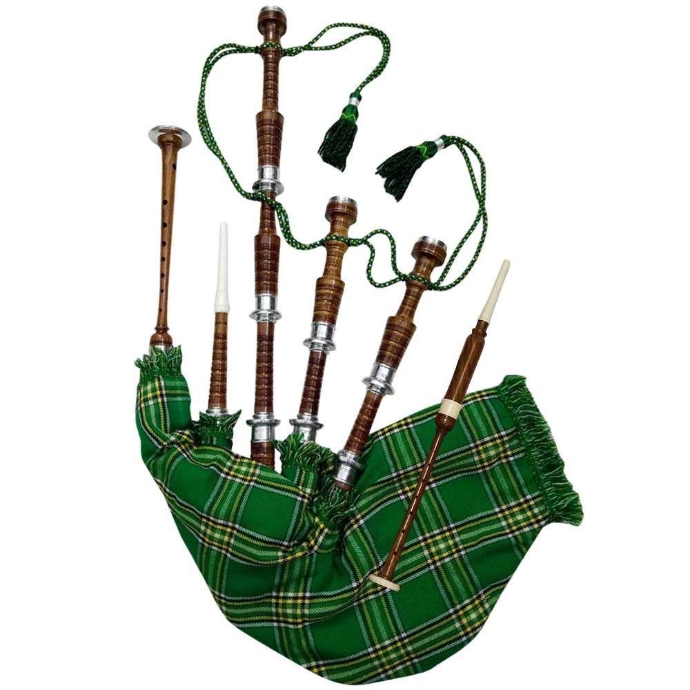 Scottish Full Size Bagpipe Rosewood or Brown Finish with Silver Plain Mounts Free Tutor Book, Carrying Bag, Drone, Reeds (Brown,National Green)