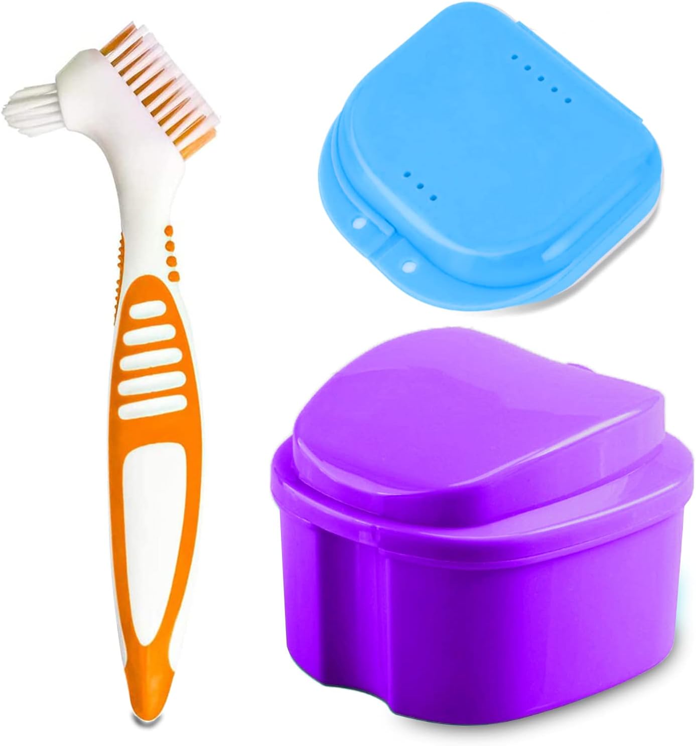 Denture Bath Case Cup with Denture Cleaner Brush & Retainer Holder Box, Complete Clean Care for Dentures, Clear Braces, Mouth Guard, Night Guard & Retainers,Traveling (Purple)