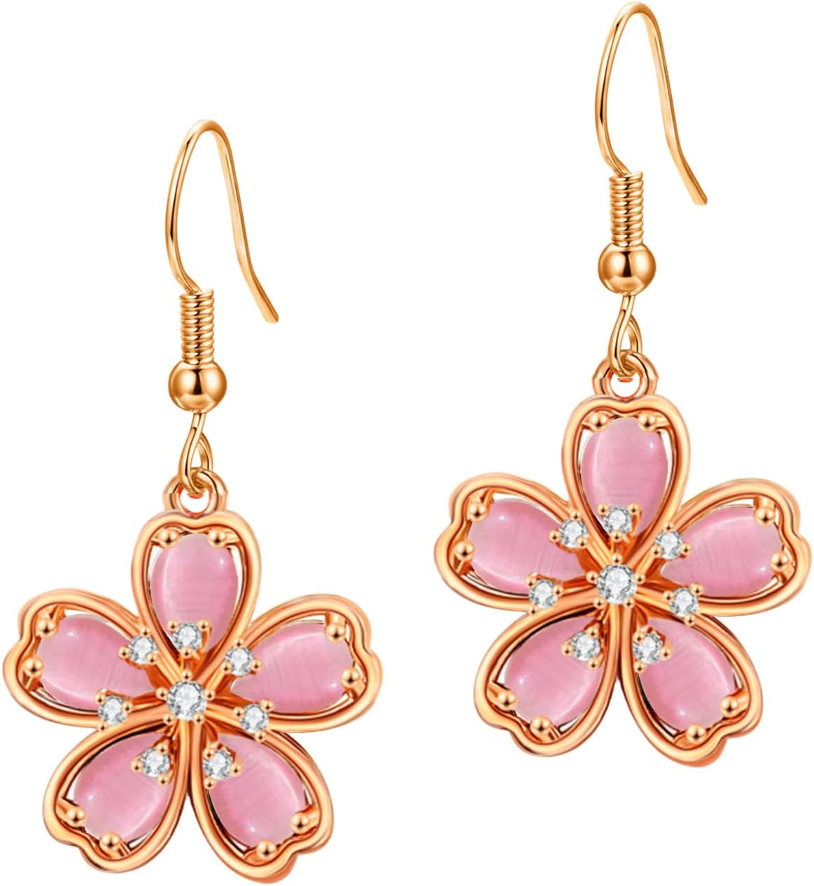 VONSSY Pink Cherry Blossom Necklace Earrings Cats Eye Gemstone Crystal Flower Flora Sakura Pendant 18k Gold Plated Chain Silver Post Jewelry Set Gift for Woman Wife Girlfriend Mom