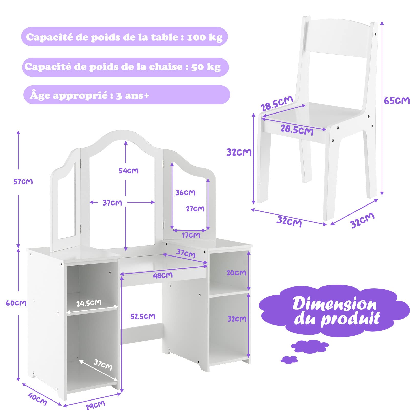 COSTWAY 2 en 1 Coiffeuse et Chaise Enfants avec Miroir Amovible à Trois Volets, Table de Maquillage Princesse avec 4 Compartiments de Stockage, 104x40x117cm pour Enfants de 3 Ans+…