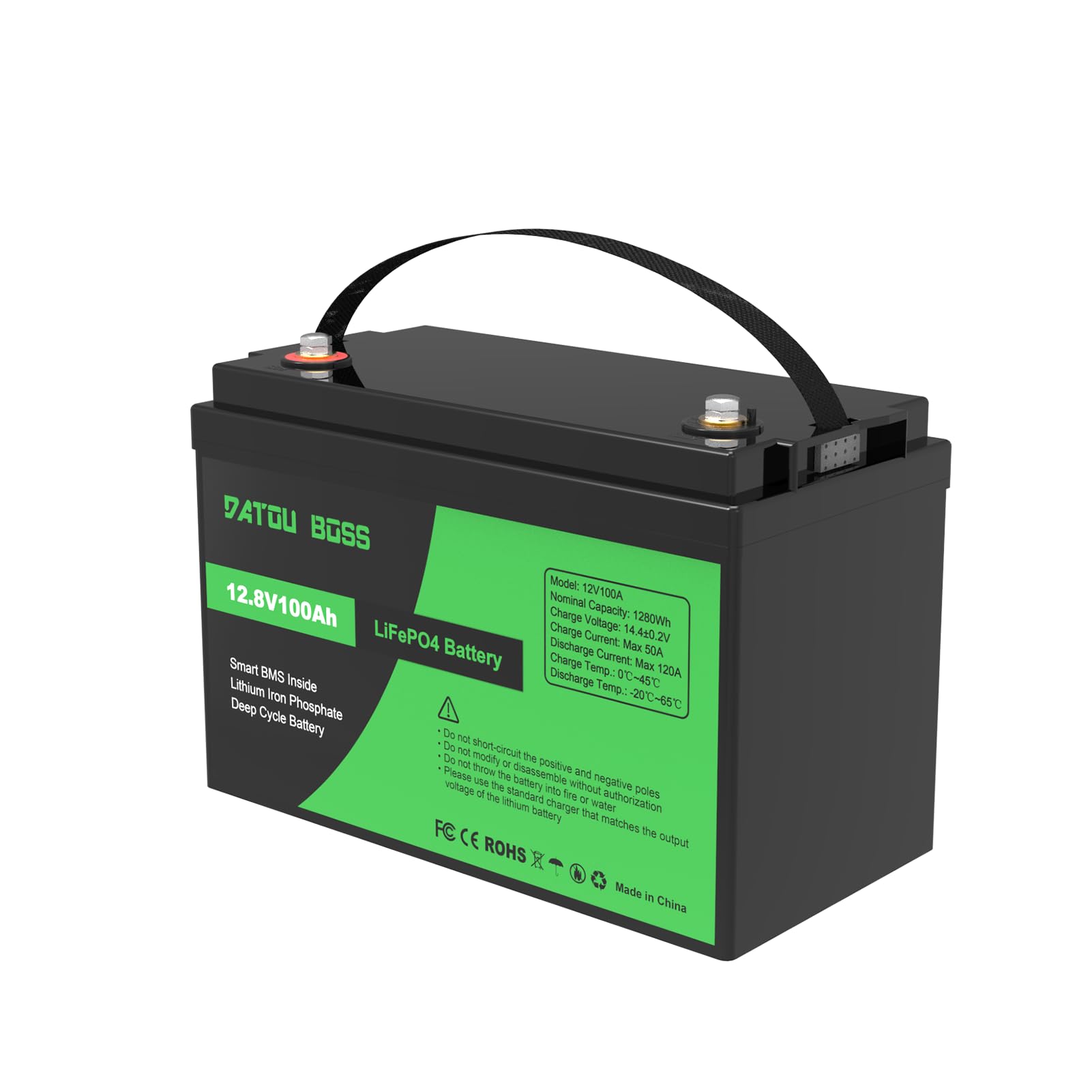 DATOUBOSS 12V 100Ah LiFePO4 Battery 100A BMS 8000+cycles Deep Cycle Lithium Battery MAX 1280W wsparcie mocy w połączeniu szeregowym/równoległym