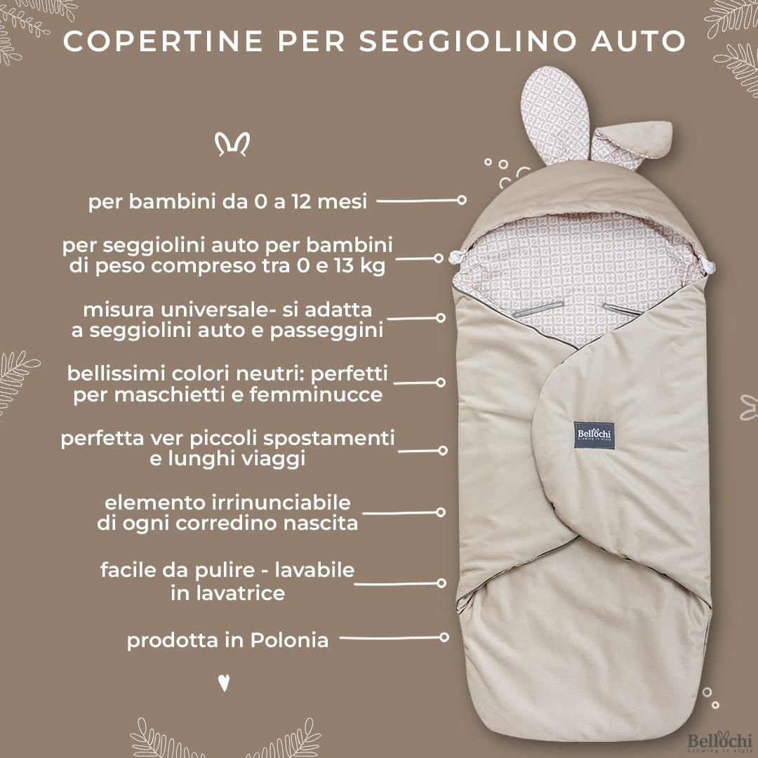 Bellochi Coperta per Ovetto e Passeggino, Bianca, 90 x 90 cm, per Seggiolino Auto, Morbida in Cotone Oeko-TEX, Invernale per Bambini