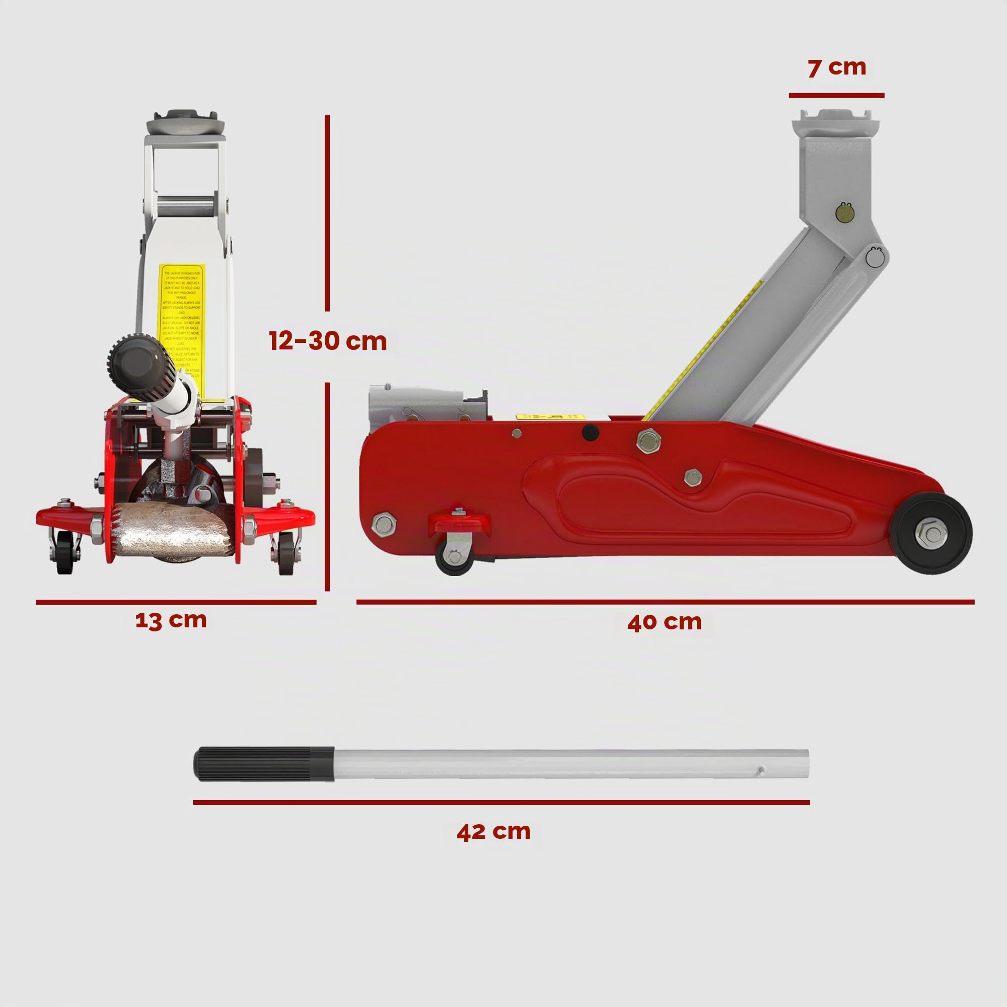 HOMCOM Martinetto idraulico a basso profilo in robusto acciaio, Carico massimo 2000 kg, Capacità di sollevamento da 12 a 30 cm, rosso
