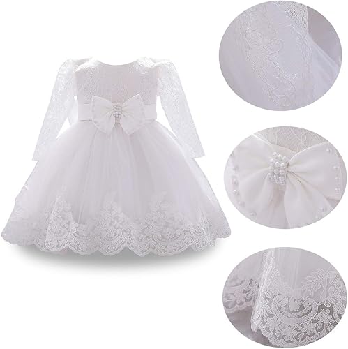 Miniatura 4 de HIHCBF Vestido de bautizo con tutú de encaje de manga larga con lazo para bebé, 1er cumpleaños, para boda, bautizo, tutú