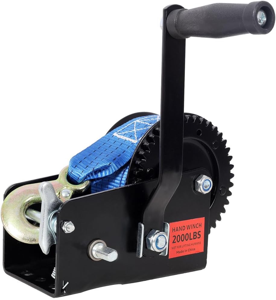Hand Winch 2000 lb with 26 ft Blue Strap – 2-Speed Manual Crank Winch, Two-Way Ratchet, Portable Hand Winch for Boat Trailer ATV Towing