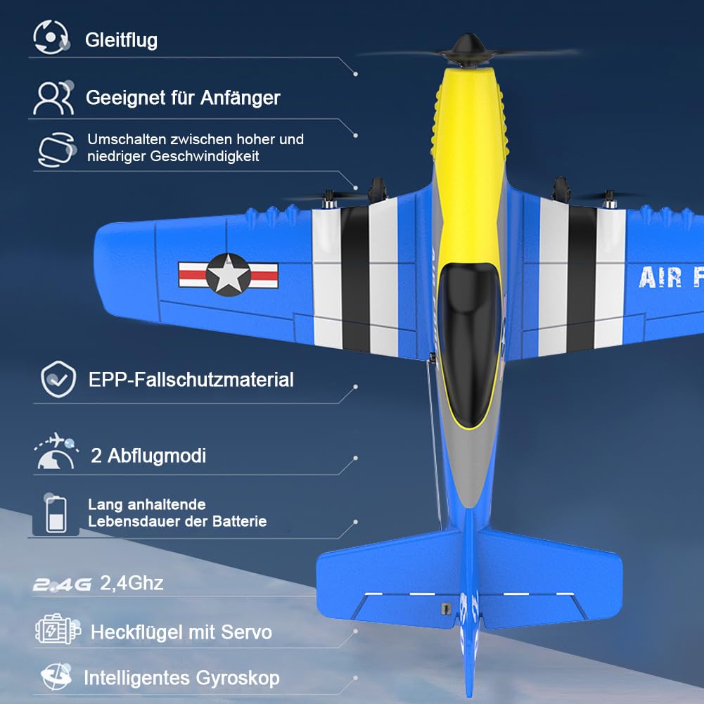 Fremego RC Flugzeug RTF,P51 3 Kanal Ferngesteuertes Flugzeug für Anfänger | 2,4GHz P-51D Mustang Kampf Flugzeugs mit 6-Achsen-Gyro-Stabilisator&2 Batterien für Erwachsene