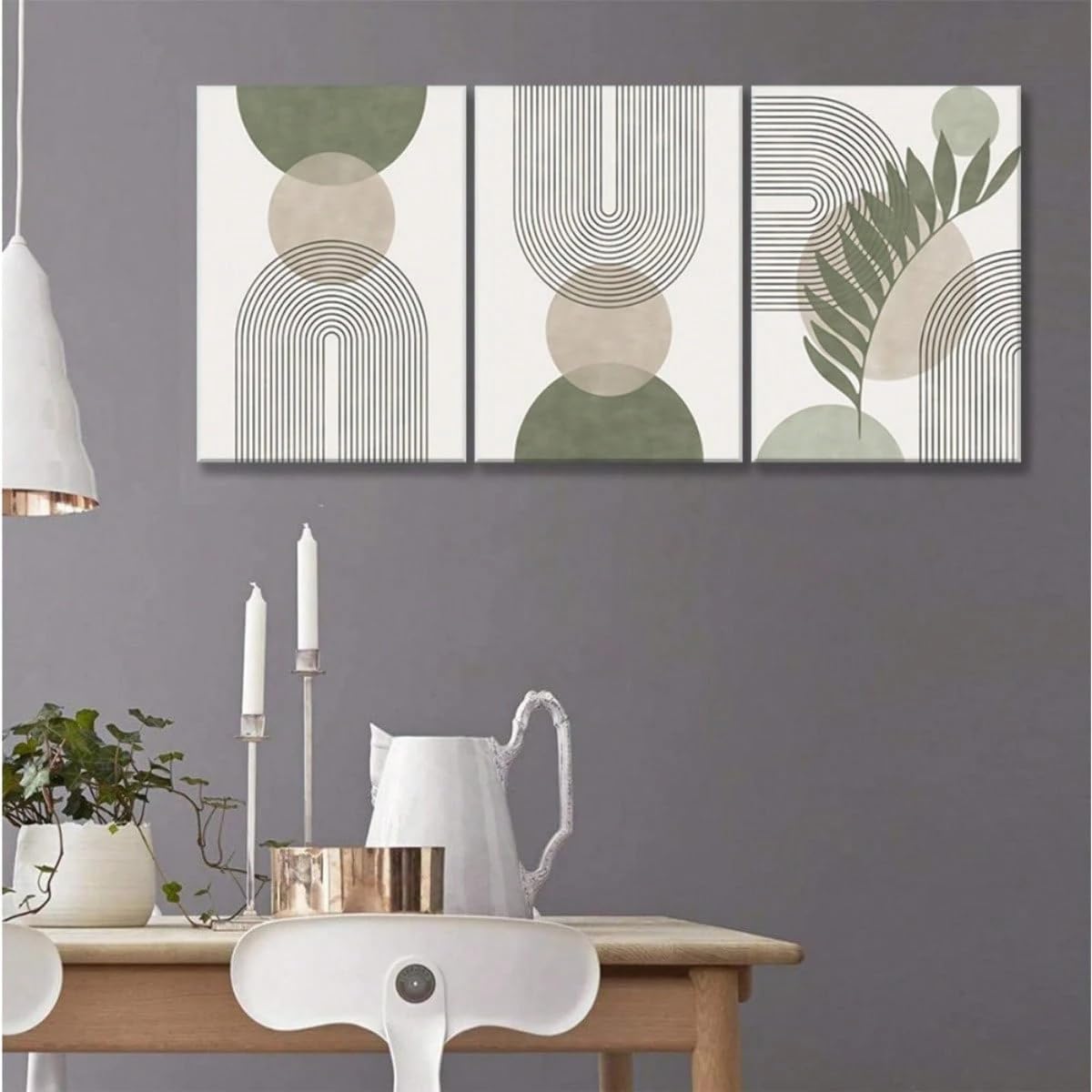 IHHGNB Zielone szałwia płótno boho z geometrycznymi liśćmi słońce księżyc w odcieniach beżu i zieleni duża sztuka ścienna na płótnie styl boho (60x80cm (24x31in) x3)