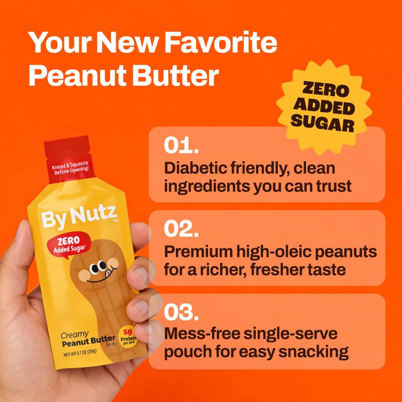 Image of By Nutz No Added Sugar Peanut Butter Packs,High Oleic,High Protein,Diabetes Friendly,Non-GMO (18 x 20g, 6 Boxes)