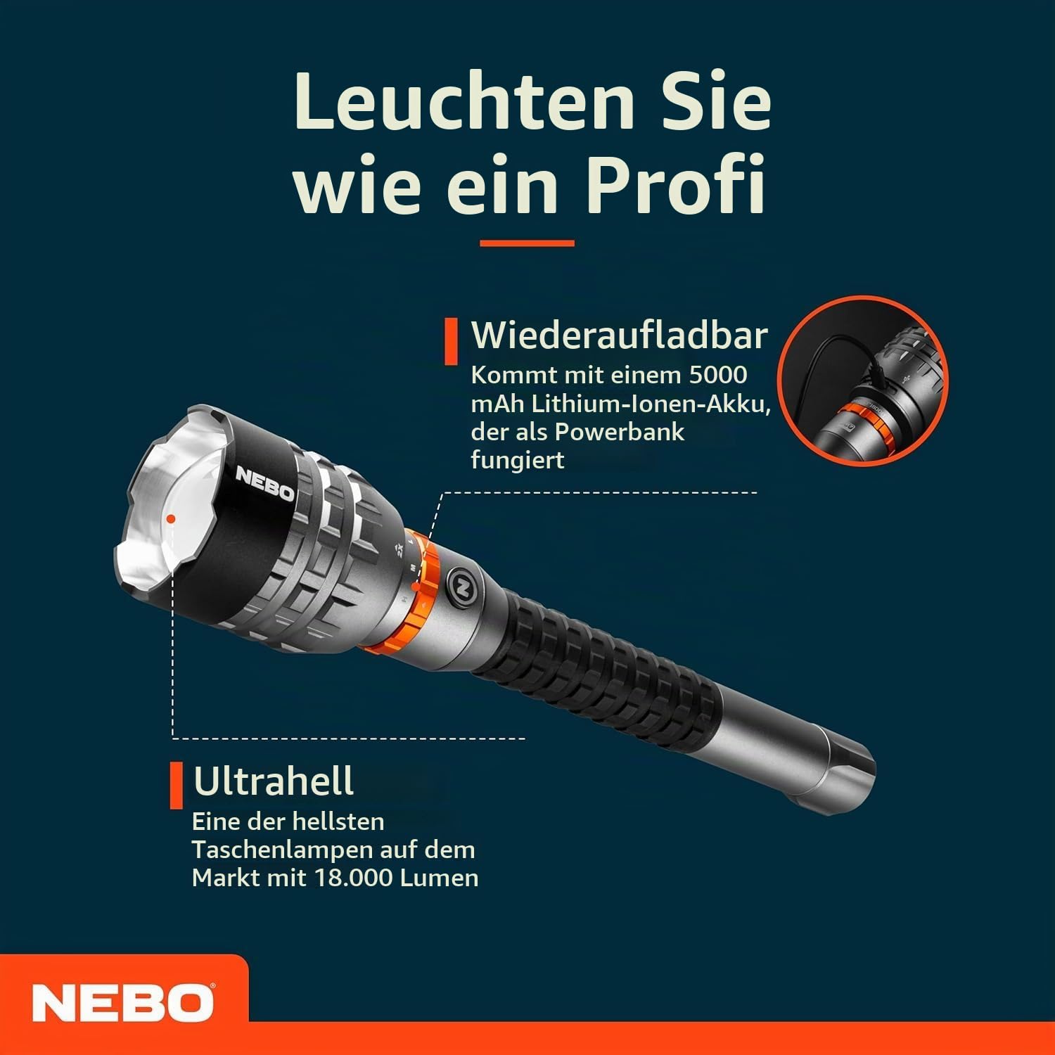 NEBO Davinci 18000 - Wiederaufladbare Taschenlampe - Taschenlampe mit COB LED - Extrem Hell - Wanderausstattung & Camping Zubehör - 18000 Lumen