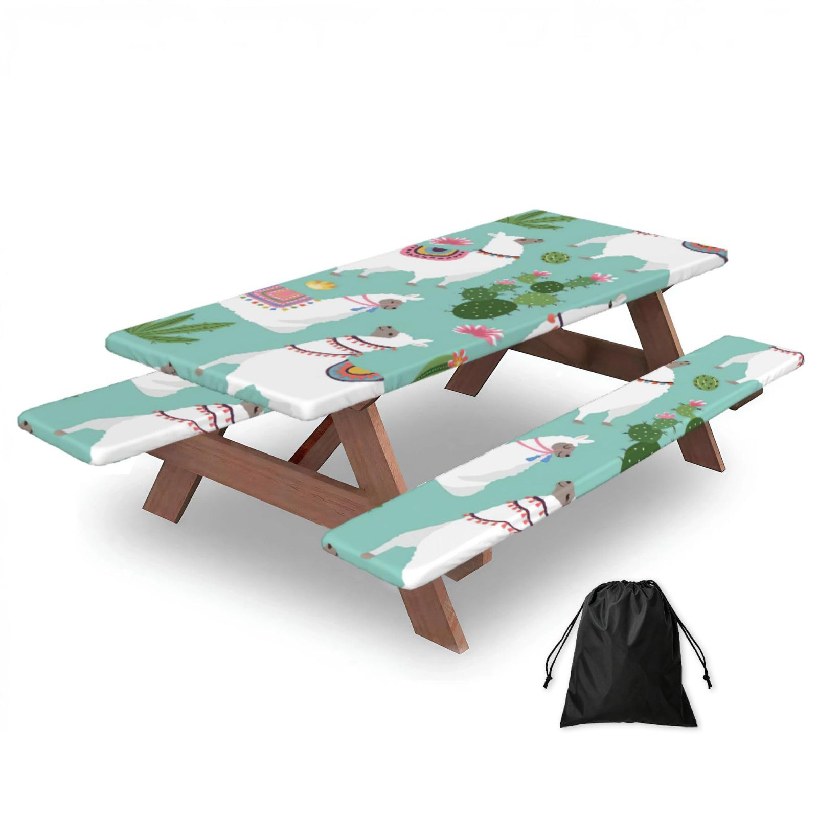 Yqxwjl Black Tropical Llama Alpaca Cactus Flower Print Camping Essentials Waterproof Camping Table And Bench Cover With Drawstring Bag 183 Cm