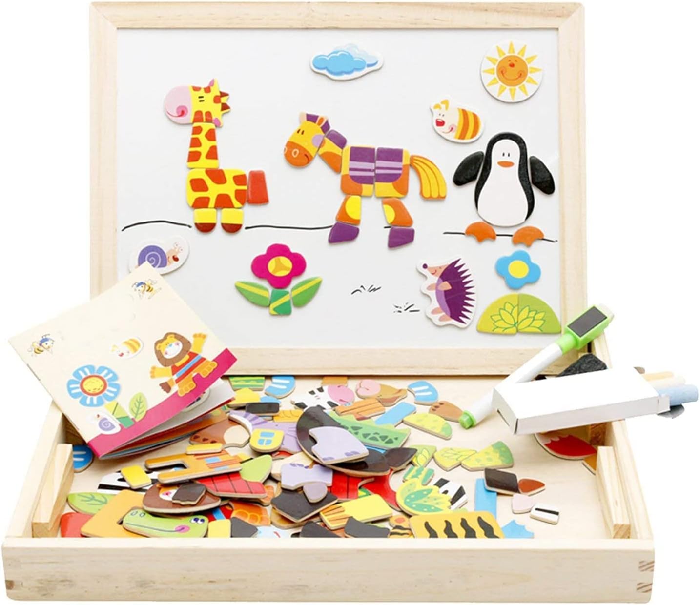 Alyasameen Magnetic Double Face Jigsaw & Drawing Easel Chalkboard, Art Easel Animals Wooden Puzzles Games Wooden Educational Toys for Kids